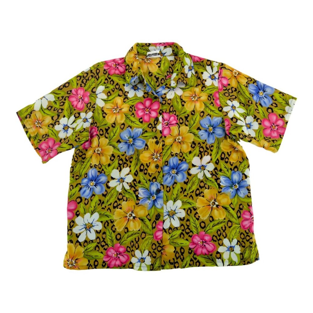 Bon Worth Size‎ XL Vintage Leopard Print Floral Button Down Collared Blouse